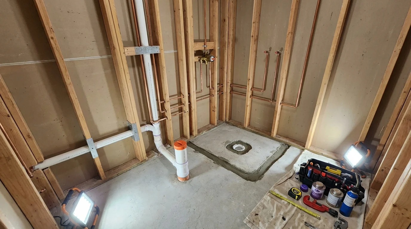 Bathroom rough-in plumbing during remodel by Johns Plumbing LLC in Blandon