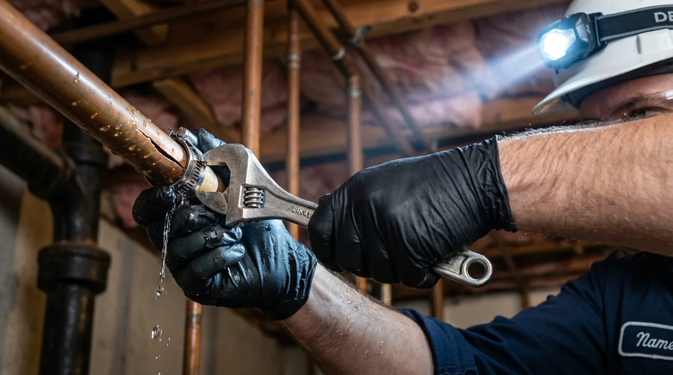 Emergency pipe clamp repair being performed by a Johns Plumbing LLC plumber in Blandon