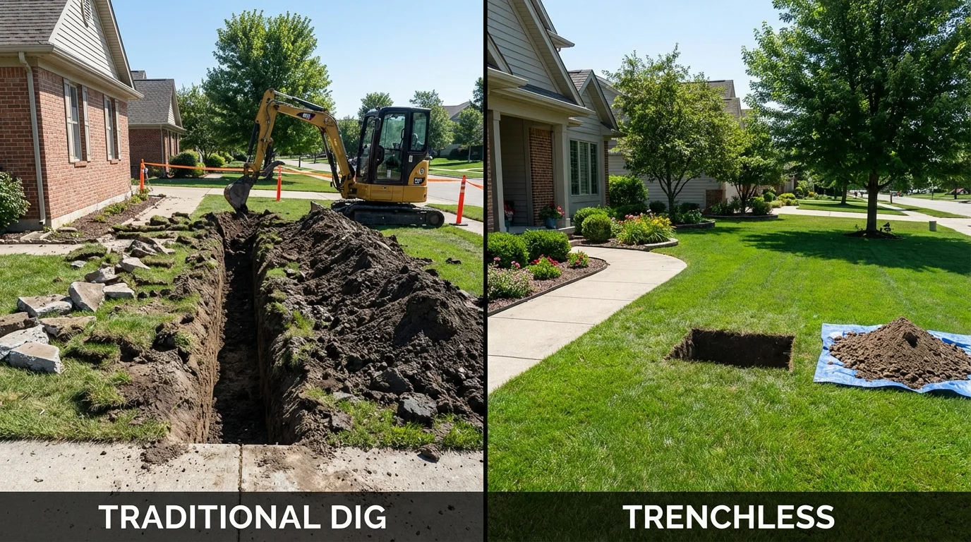 Trenchless sewer repair with minimal yard damage versus traditional excavation in Blandon, PA