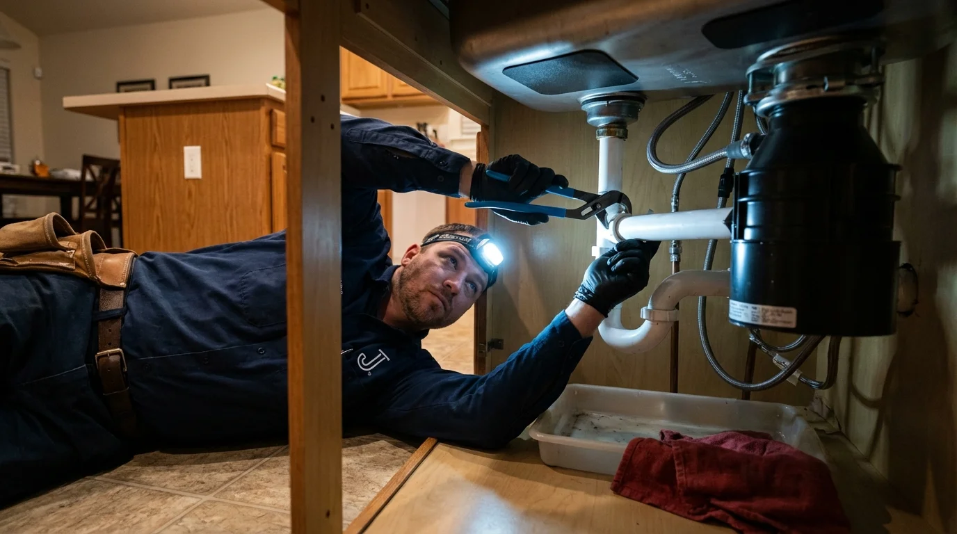 P-trap and supply line connections under a kitchen sink showing a common leak point in Blandon, PA